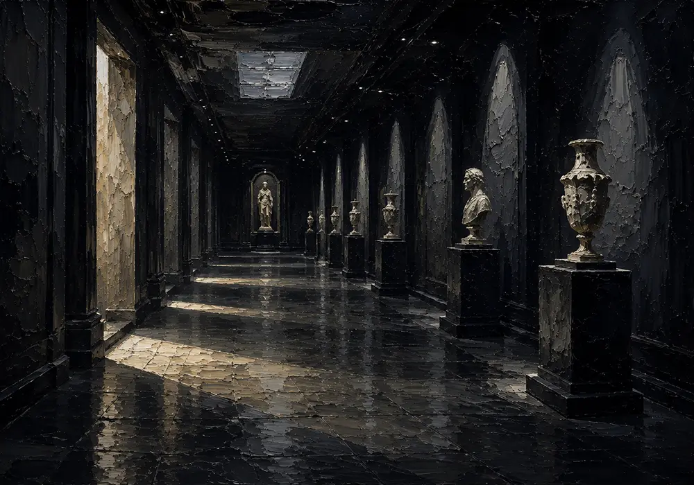 Shadow Salon Empty Gallery Corridor Lined With Shadowed Plinths Black Home Office Wall Art
