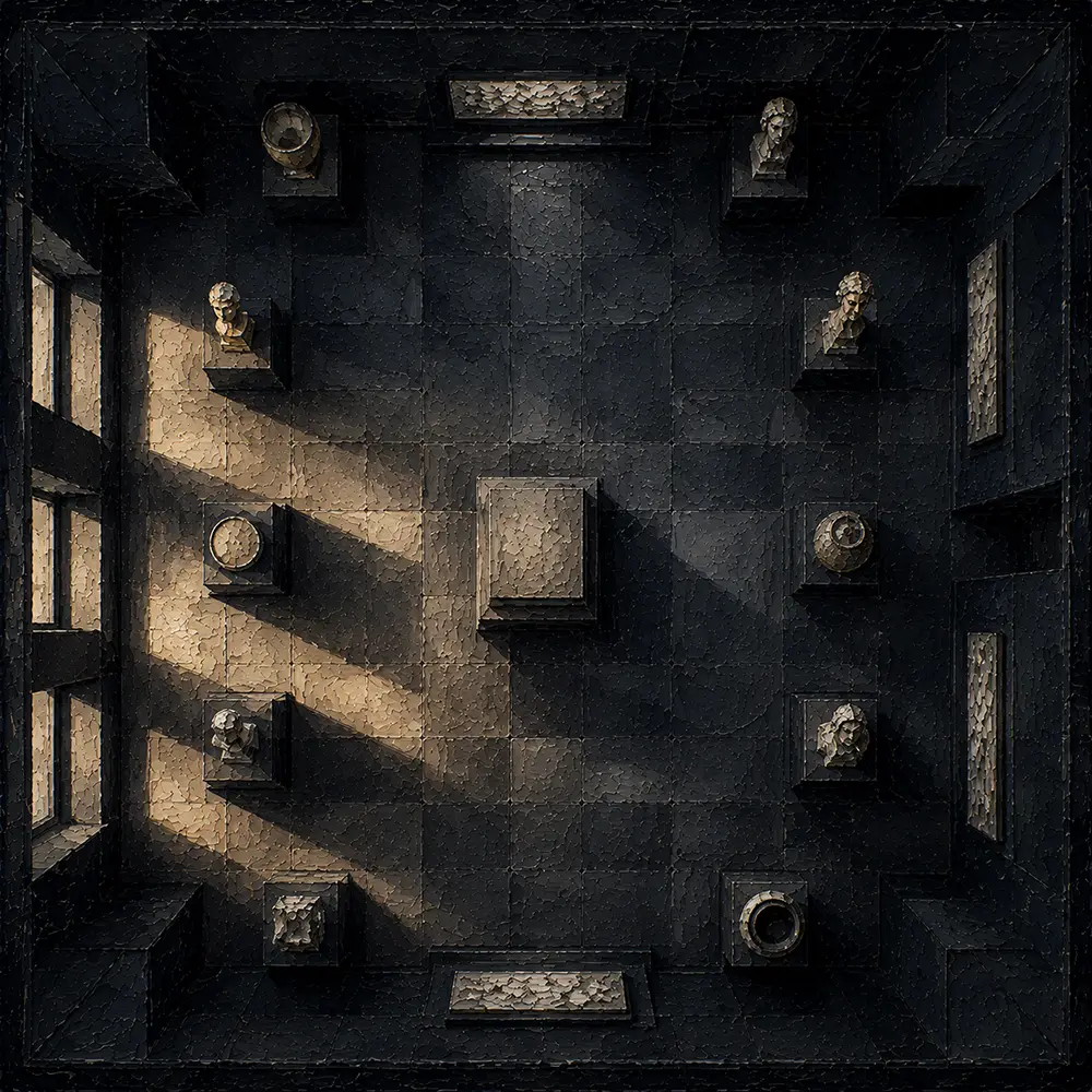 Shadow Emblem Empty Gallery Corridor Lined With Shadowed Plinths Black Home Office Wall Art