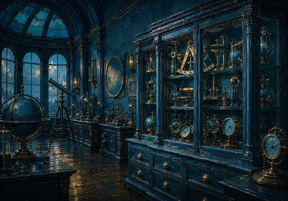 Azure Interlude Cabinet Of Measuring Instruments And Lenses Blue Living Room Wall Art