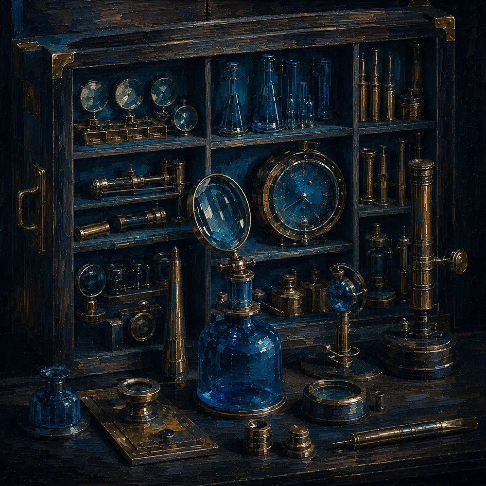 Azure Study Cabinet Of Measuring Instruments And Lenses Blue Living Room Wall Art