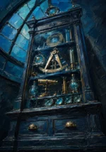 Azure Portrait Cabinet Of Measuring Instruments And Lenses Blue Living Room Wall Art