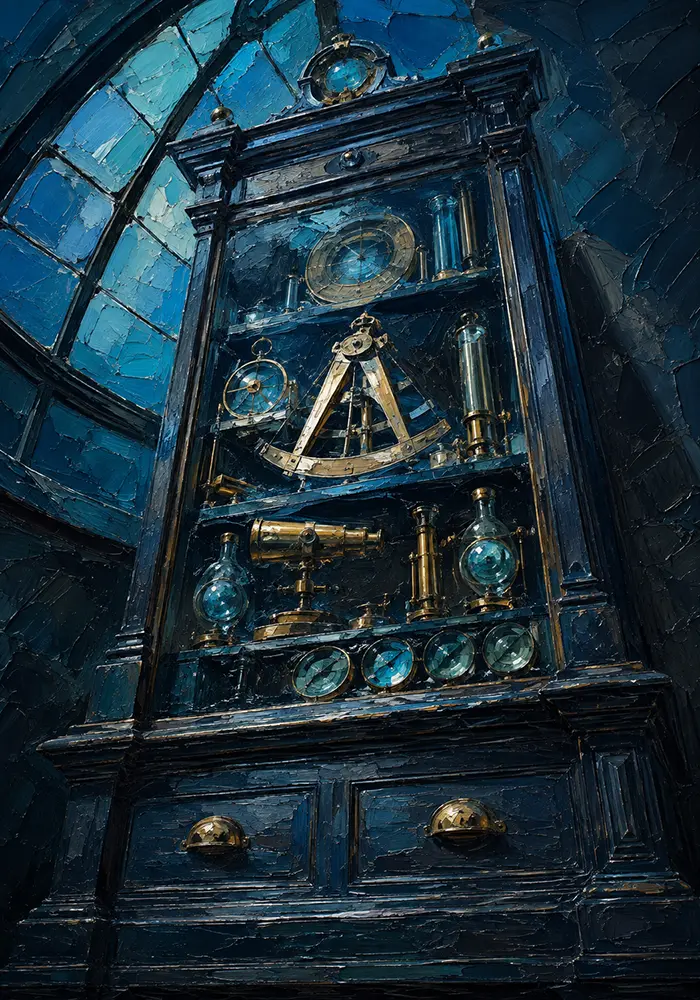 Azure Portrait Cabinet Of Measuring Instruments And Lenses Blue Living Room Wall Art