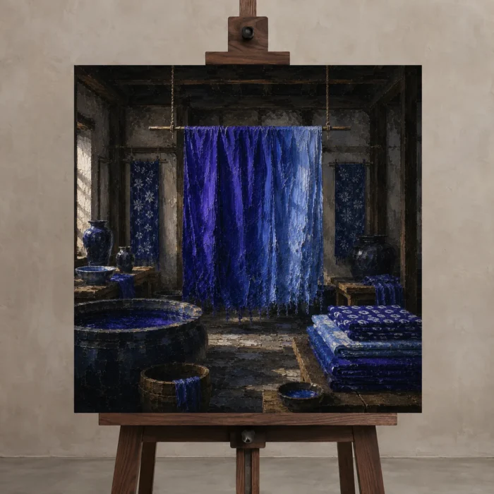 Premium Wall Art Kare Html Edition – NM3-BLU-ID-S-001 displayed on a studio easel