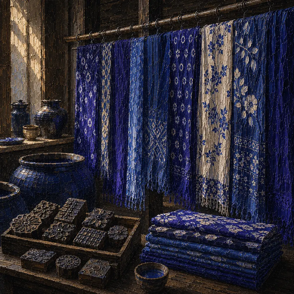 Indigo Study Suspended Row Of Patterned Blue Textiles Blue Home Office Wall Art