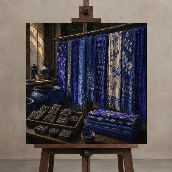 Premium Wall Art Kare Html Edition – NM3-BLU-ID-S-004 displayed on a studio easel
