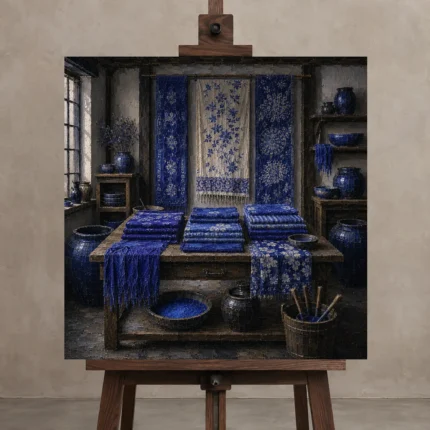 Premium Wall Art Kare Html Edition – NM3-BLU-ID-S-005 displayed on a studio easel
