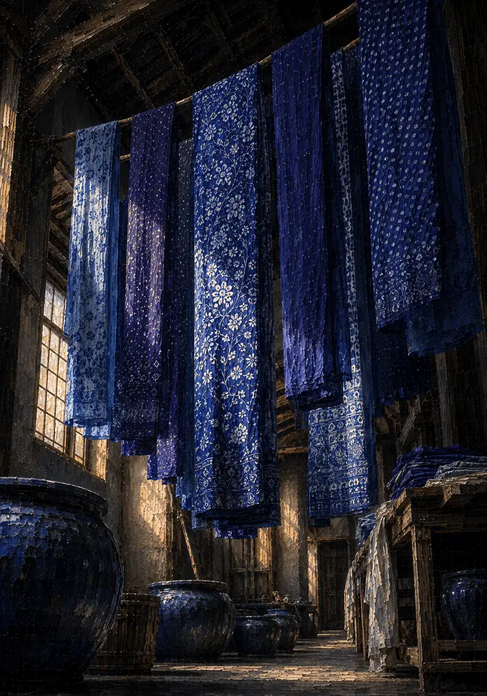 Indigo Portrait Suspended Row Of Patterned Blue Textiles Blue Home Office Wall Art