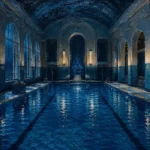 Midnight Salon Symmetrical Tiled Pool Blue Bathroom Wall Art