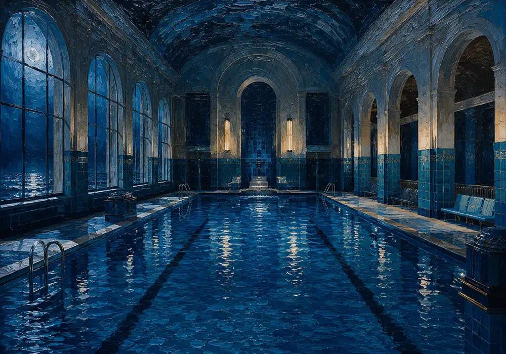 Midnight Salon Symmetrical Tiled Pool Blue Bathroom Wall Art