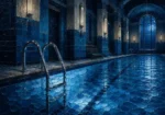 Midnight Chronicle Chrome Ladder Disappearing Into Luminous Water Blue Bedroom Wall Art