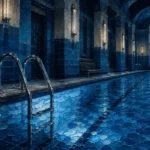 Midnight Chronicle Chrome Ladder Disappearing Into Luminous Water Blue Bedroom Wall Art