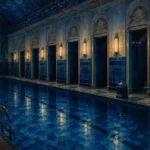 Midnight Interlude Row Of Empty Cabana Doors Blue Living Room Wall Art