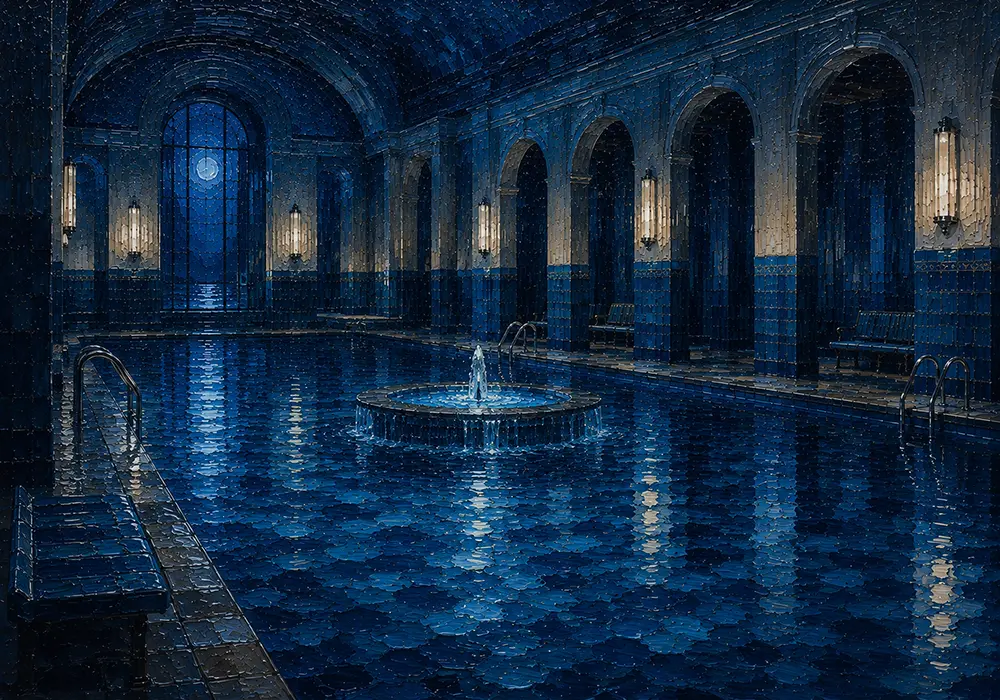 Midnight Passage Circular Fountain Blue Bathroom Wall Art