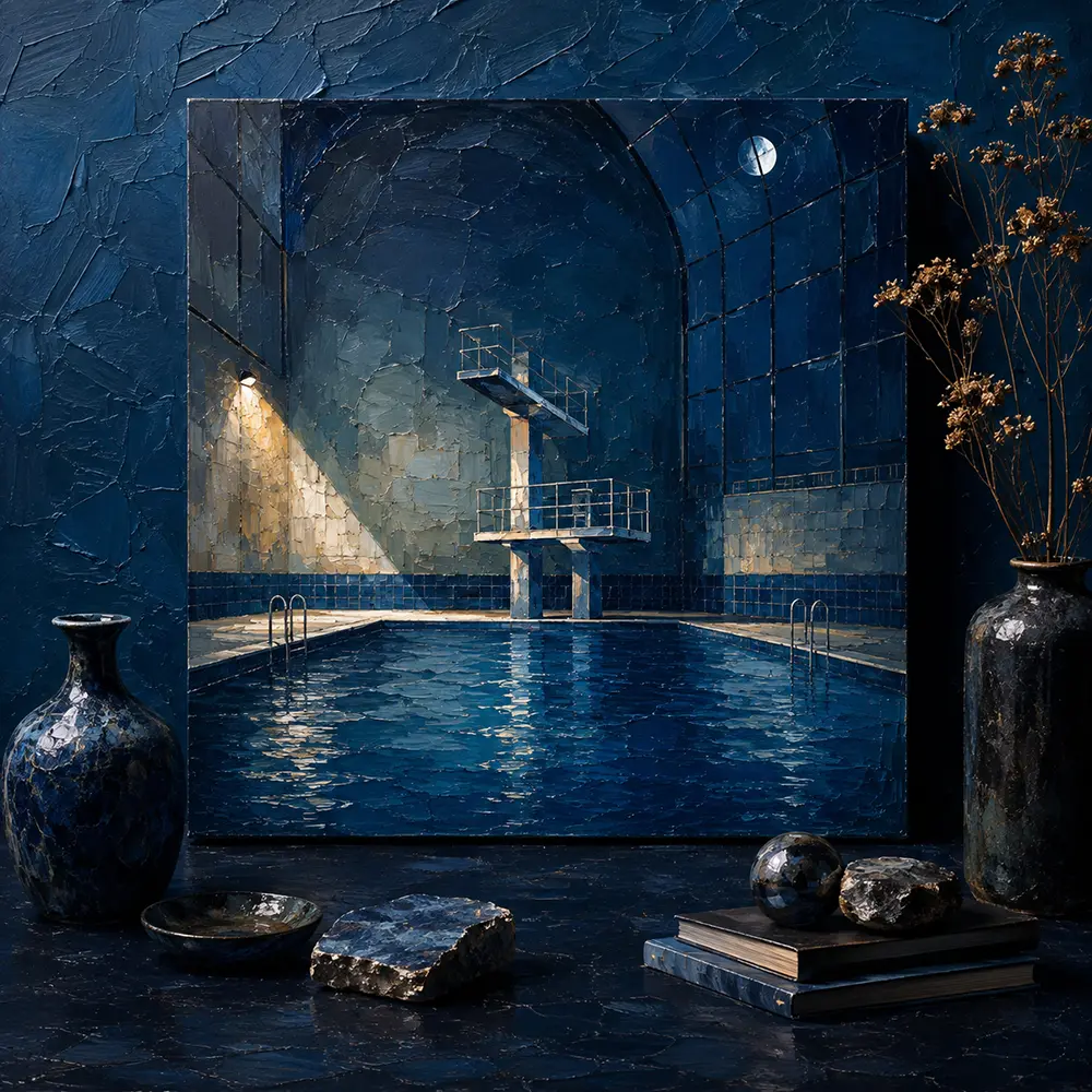 Midnight Cabinet Lone Diving Platform Blue Bathroom Wall Art