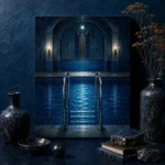 Midnight Ritual Chrome Ladder Disappearing Into Luminous Water Blue Bedroom Wall Art