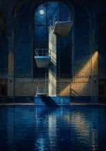 Midnight Sentinel Lone Diving Platform Blue Bathroom Wall Art