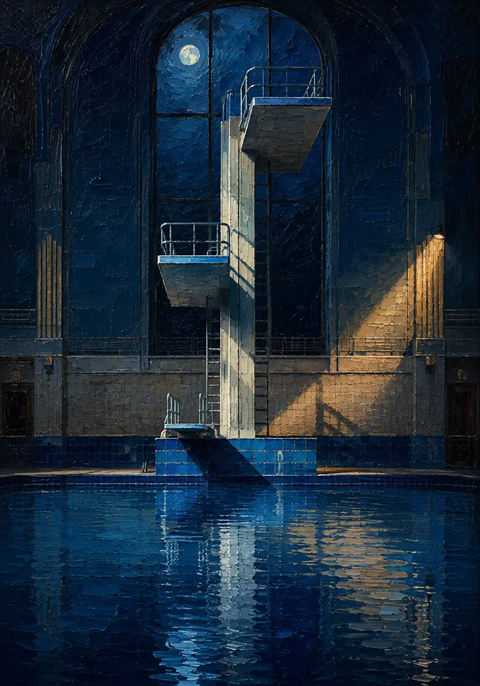 Midnight Sentinel Lone Diving Platform Blue Bathroom Wall Art