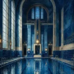 Midnight Threshold Symmetrical Tiled Pool Blue Bathroom Wall Art