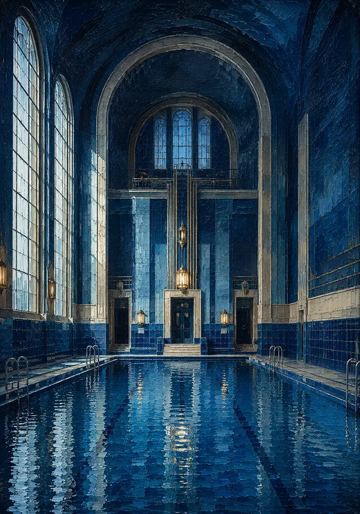 Midnight Threshold Symmetrical Tiled Pool Blue Bathroom Wall Art