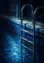 Midnight Reliquary Chrome Ladder Disappearing Into Luminous Water Blue Bedroom Wall Art