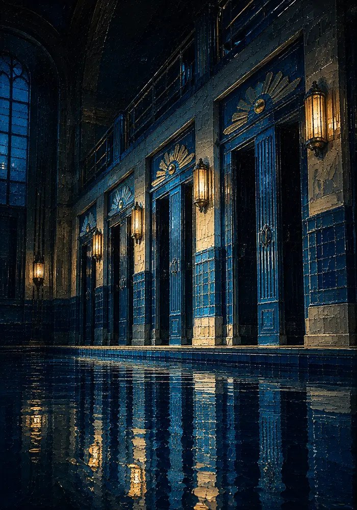 Midnight Portrait Row Of Empty Cabana Doors Blue Living Room Wall Art