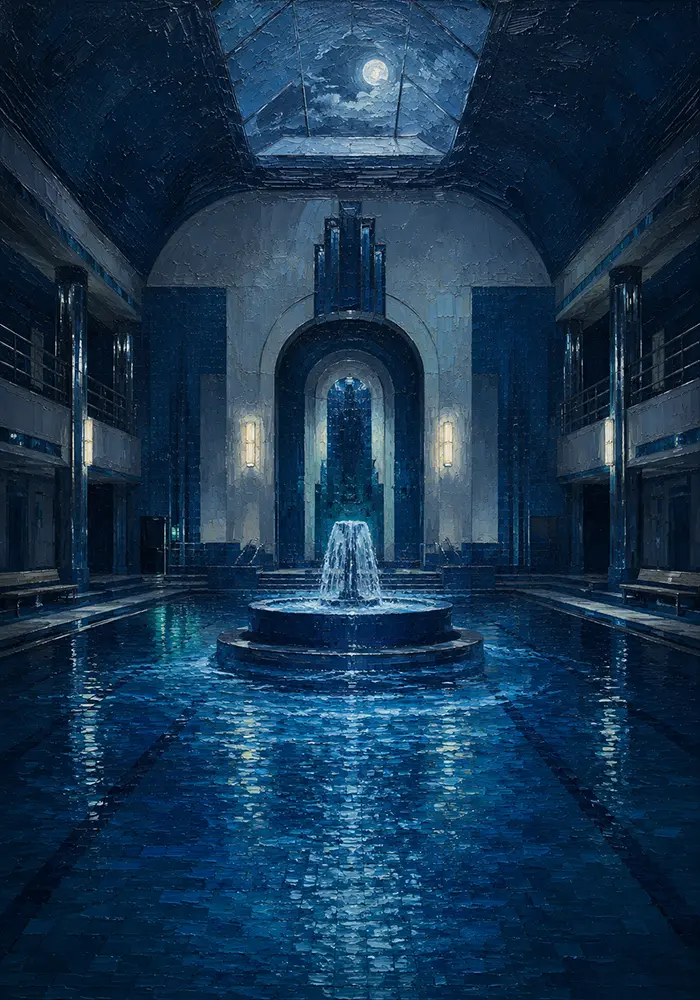 Midnight Ascent Circular Fountain Blue Bathroom Wall Art