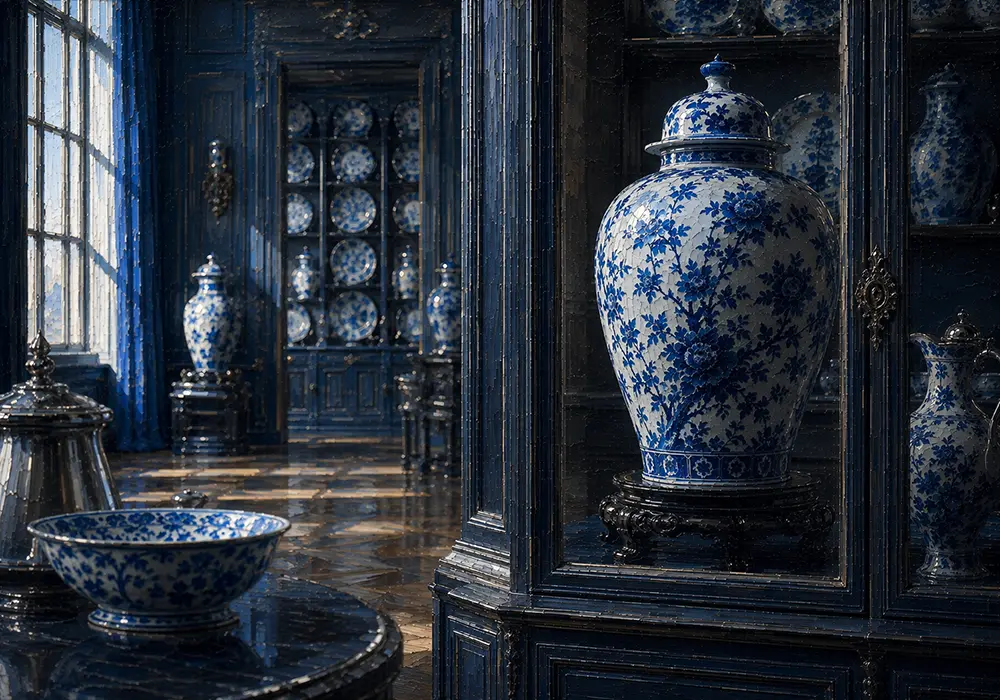 Porcelain Procession Tall Blue-And-White Urn Blue Kitchen Wall Art