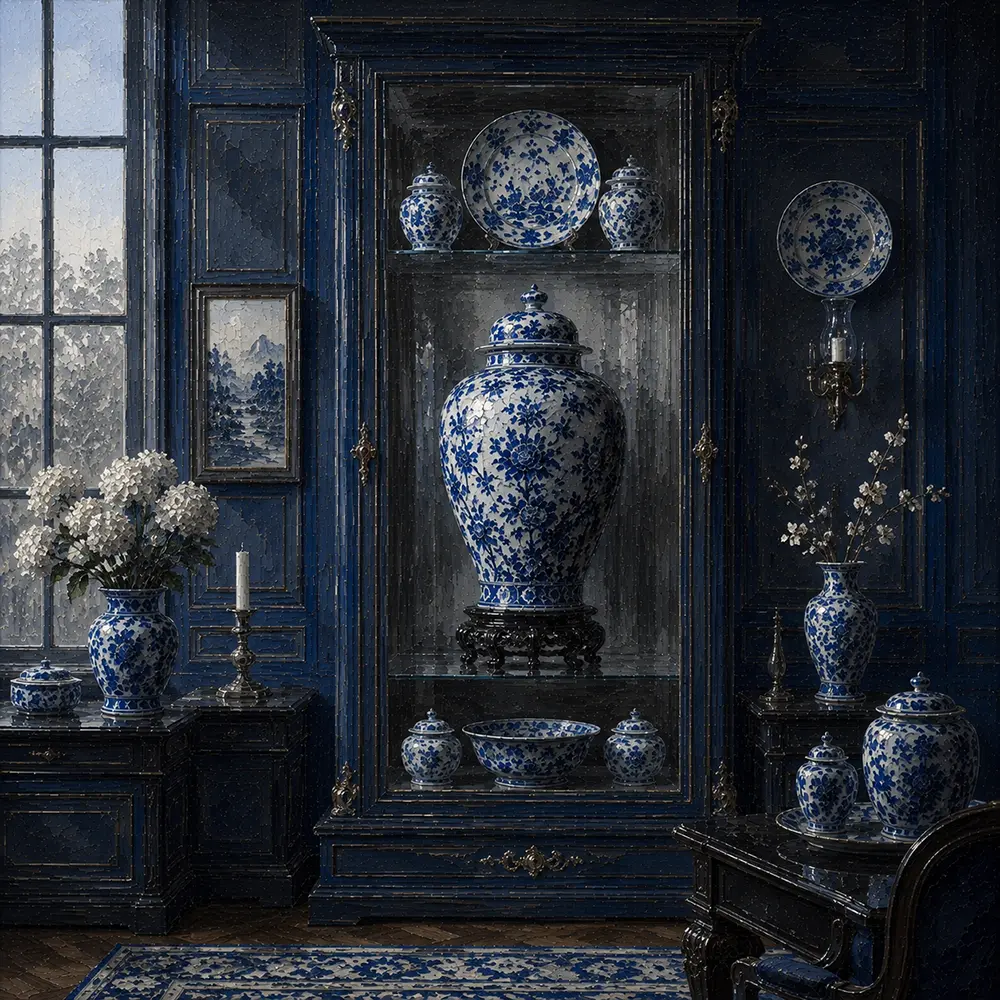 Porcelain Cabinet Tall Blue-And-White Urn Blue Kitchen Wall Art