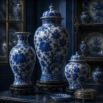 Porcelain Study Three Delicate Vessels Blue Dining Room Wall Art