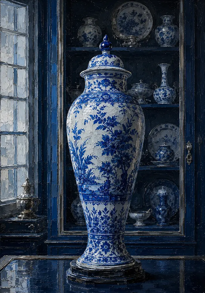 Porcelain Sentinel Tall Blue-And-White Urn Blue Kitchen Wall Art