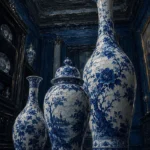 Porcelain Portrait Three Delicate Vessels Blue Dining Room Wall Art