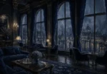 Rain Procession Tall Hotel Window Blue Bedroom Wall Art