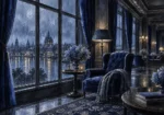Rain Salon Empty Armchair Blue Living Room Wall Art