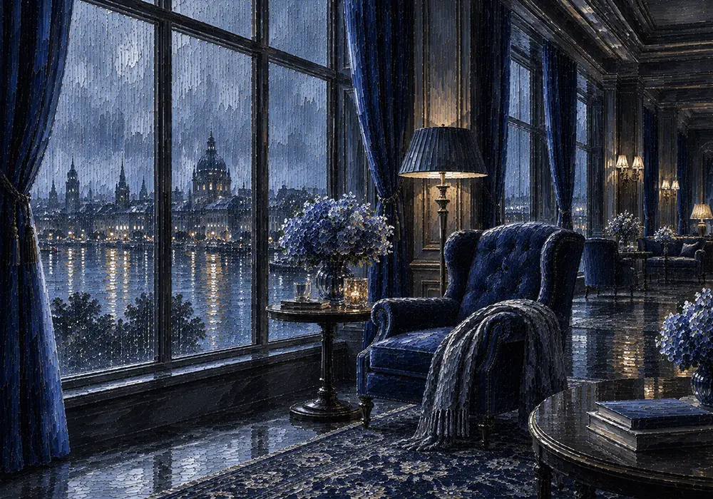 Rain Salon Empty Armchair Blue Living Room Wall Art