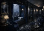 Rain Chronicle Train Compartment Window With A Folded Blanket Blue Reading Nook Wall Art