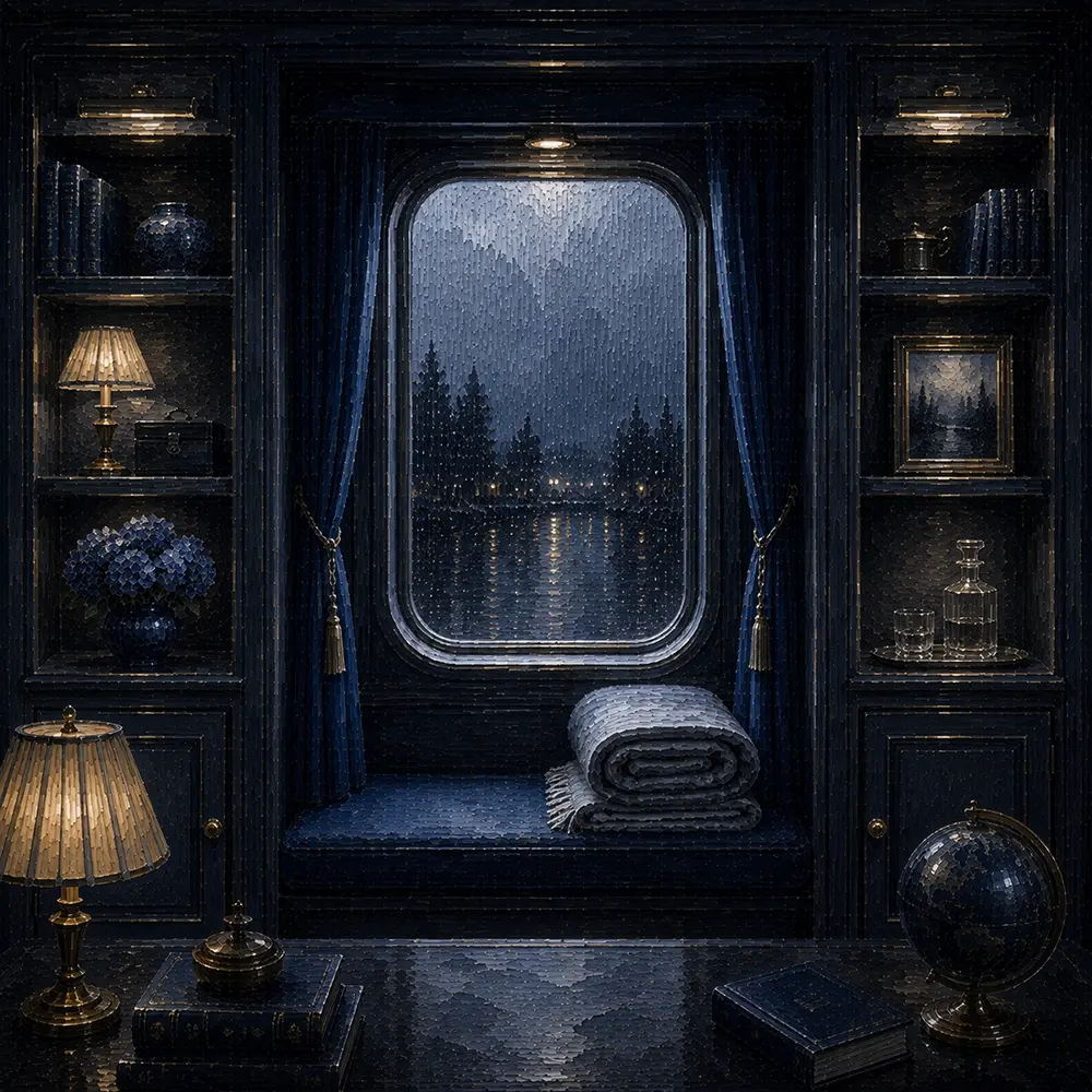 Rain Ritual Train Compartment Window With A Folded Blanket Blue Reading Nook Wall Art