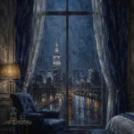 Rain Sentinel Tall Hotel Window Blue Bedroom Wall Art