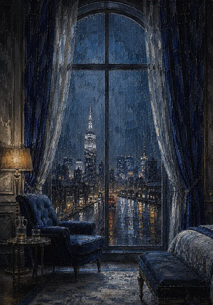 Rain Sentinel Tall Hotel Window Blue Bedroom Wall Art