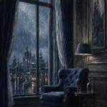 Rain Threshold Empty Armchair Blue Living Room Wall Art