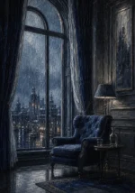 Rain Threshold Empty Armchair Blue Living Room Wall Art
