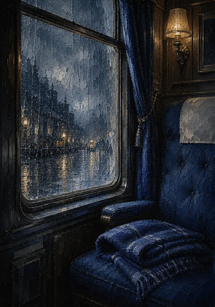 Rain Reliquary Train Compartment Window With A Folded Blanket Blue Reading Nook Wall Art