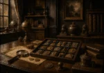 Collector Passage Collector's Tray Of Coins And Carved Objects Brown Entryway Wall Art