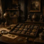 Collector Passage Collector's Tray Of Coins And Carved Objects Brown Entryway Wall Art