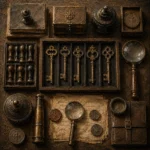 Collector Emblem Table Of Keys, Seals, And Magnifying Lenses Brown Living Room Wall Art