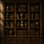 Collector Ritual Cabinet Of Miniature Sculptures And Boxes Brown Library Wall Art