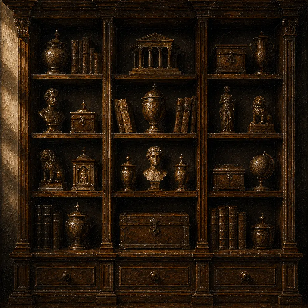 Collector Ritual Cabinet Of Miniature Sculptures And Boxes Brown Library Wall Art