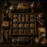 Collector Constellation Collector's Tray Of Coins And Carved Objects Brown Entryway Wall Art