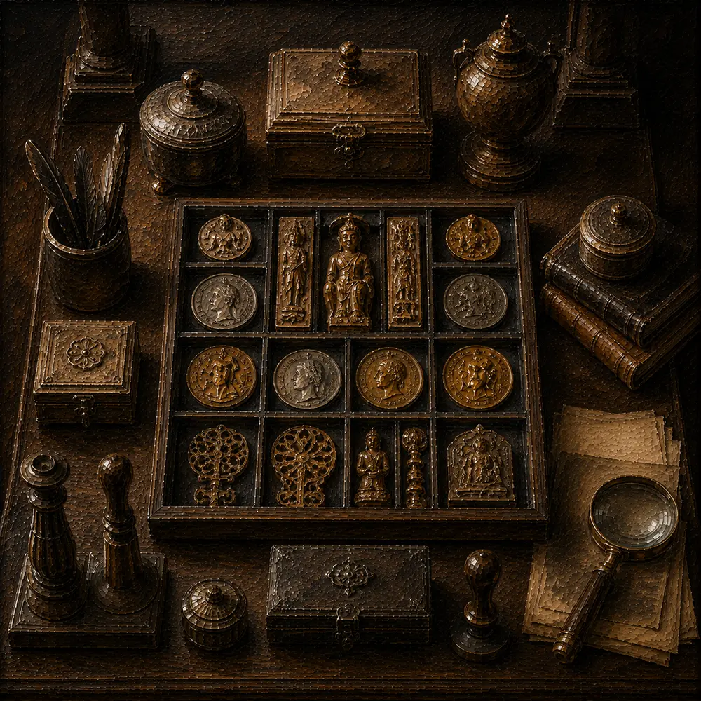 Collector Constellation Collector's Tray Of Coins And Carved Objects Brown Entryway Wall Art
