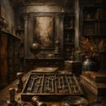 Collector Threshold Table Of Keys, Seals, And Magnifying Lenses Brown Living Room Wall Art