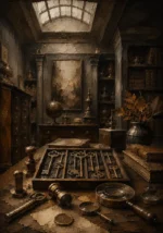 Collector Threshold Table Of Keys, Seals, And Magnifying Lenses Brown Living Room Wall Art